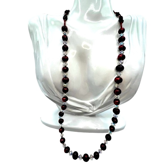 Vintage Beaded Necklace With Red & Clear Glass Beads - Picture 6 of 8